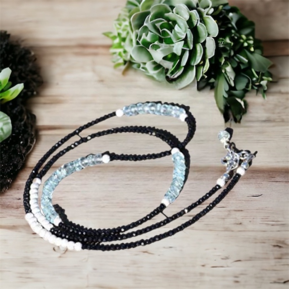 Natural Black Spinel Blue Topaz Wrap Bracelet | Necklace Sterling Silver